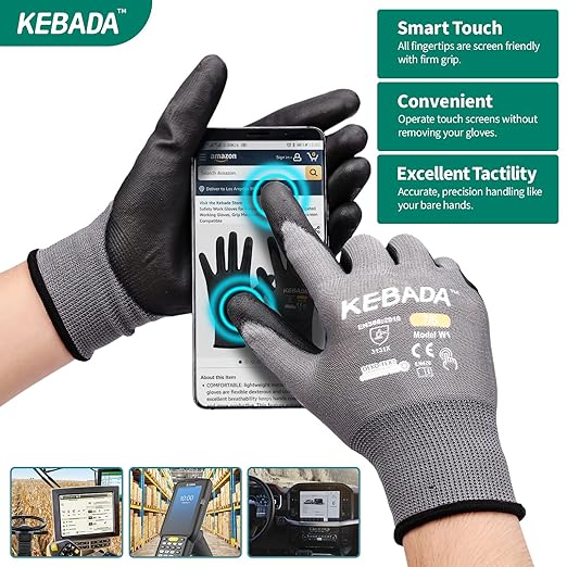 Kebada W1 Work Gloves for Men and Women, PU Coated Safety Gloves with Grip, Touchscreen, Ideal for Warehouse Package Handling, Construction, Gardening, 12 Pairs Gray Large