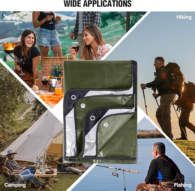 RedSwing 4 Pack Heavy Duty Waterproof Emergency Thermal Tarp, Insulated Survival Blanket for Outdoor Camping, Hiking, and Emergency Shelter, Green