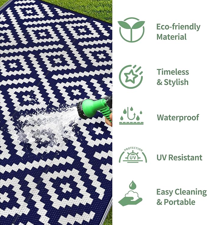 GENIMO Outdoor Rug 4x6 Waterproof, Reversible Mats, Outdoor Area Rug, Plastic Outside Carpet, Eeometric Rv Mat for Patio Camping Rv Picnic Backyard Deck Balcony Porch Beach Trailer(Navy Blue & White)