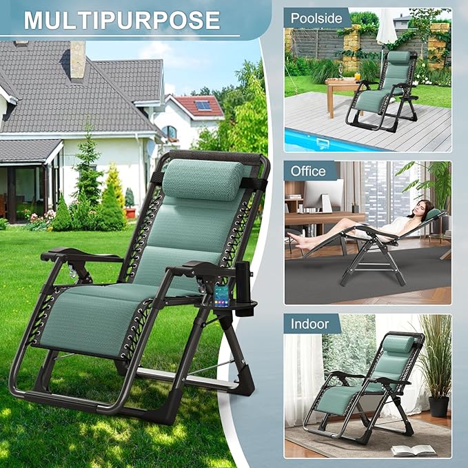 ABORON Zero Gravity Chair,Premium Outdoor Lawn Folding Lounge Chairs,Sturdy Adjustable Reclining Patio Chairs with Built in Cushion,Headrest & Tray