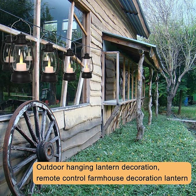 Vintage Lantern Decor, 4-Pack Candle Lantern with Remote, Small Lantern Indoor Outdoor Hanging Lanterns for Wedding Centerpiece,Halloween,Christmas,Camping Decorations, Western Party Decor