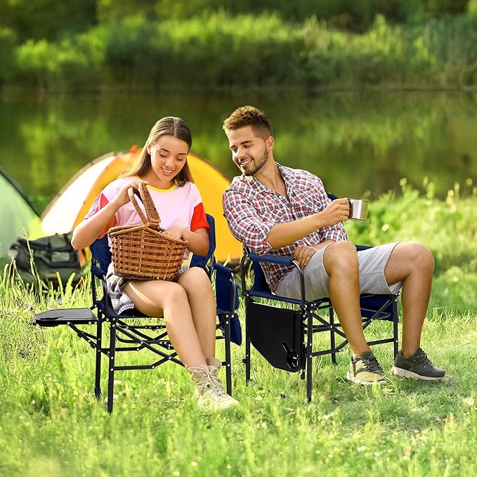 VINGLI Camping Chairs, Directors Chair, Camping Chair with Side Table & Carry Bag，Heavy Duty Camping Chairs for Adults, Portable Folding Camping Chair, Pocket for Beach, Fishing,Trip,Picnic,Lawn-Blue