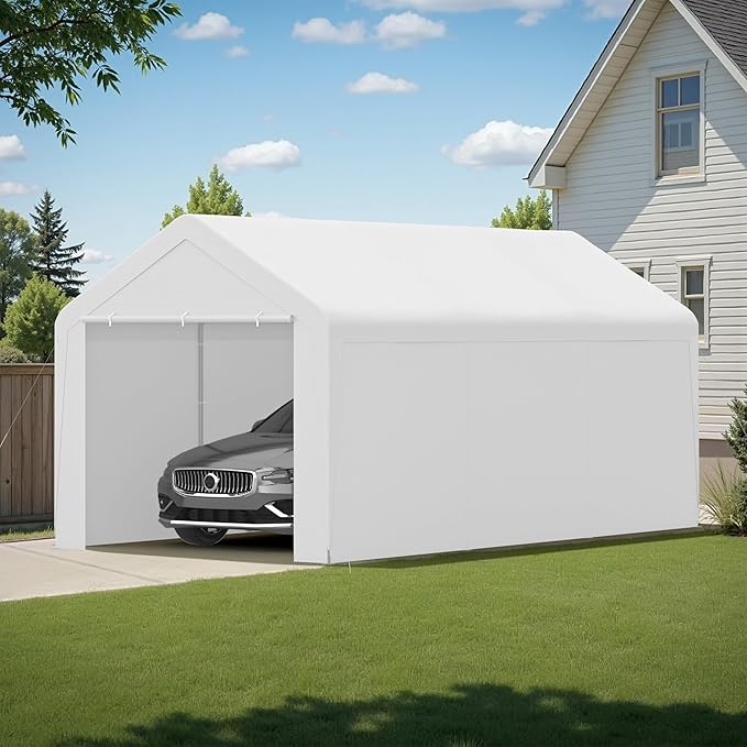Carport, 10‘ x 20’ Heavy Duty Portable Garage All-Season Car Canopy w/Removable Sidewall & Doors, Carport Canopy Party Tent w/Water-Resistant Tarp for Backyard (White, 10‘ x 20’)