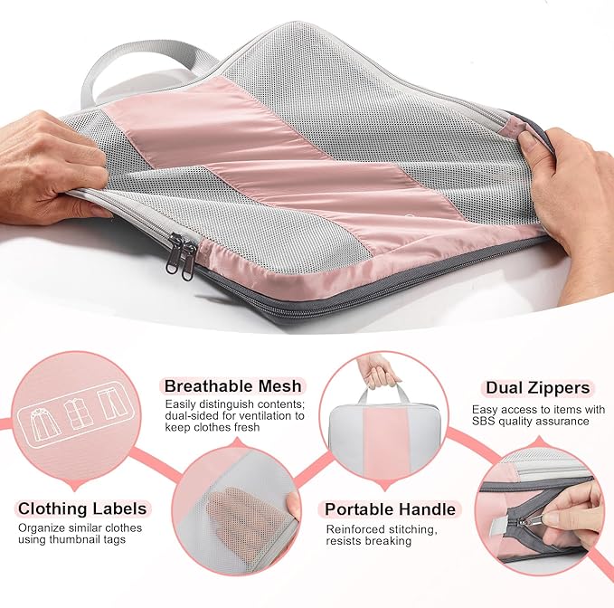 10 Set Compression Packing Cubes for Travel Essentials Women Mom,Compressible Expandable Packing Cubes for Suitcase,OlarHike Luggage Organizer Bags for Travel,Handy Helper for Organizing Clothes(Pink)