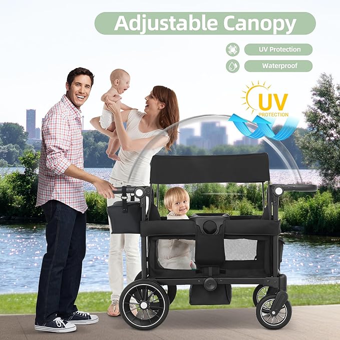 Wagon Stroller for 2 Kids, All-Terrain Stroller Wagon, Foldable Kids Wagon Cart Featuring with Harnesses, Adjustable Double Push Handle, Removable Canopy, Snack Tray, Large Storage Bag, Black