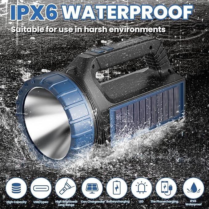 Solar Flashlight，Solar Powered Flashlight for Multi Function 8000 Lumens with Emergency，Portable Bright Camping Rechargeable Flashlights for Home, Outdoor Hiking, Power Outages