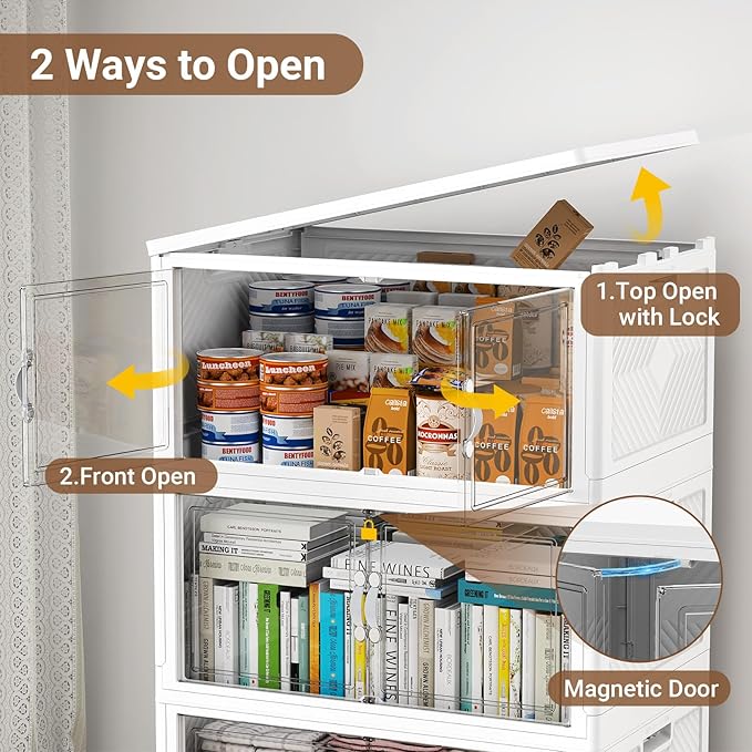 300QT Extra Large Stackable Storage Bins, 75Gal Clear Plastic Closet Organizer Cabinet with Lid and Wheels, Collapsible Latch Boxes Folding Drawer with Door for Home Kitchen, V20 3Pack White