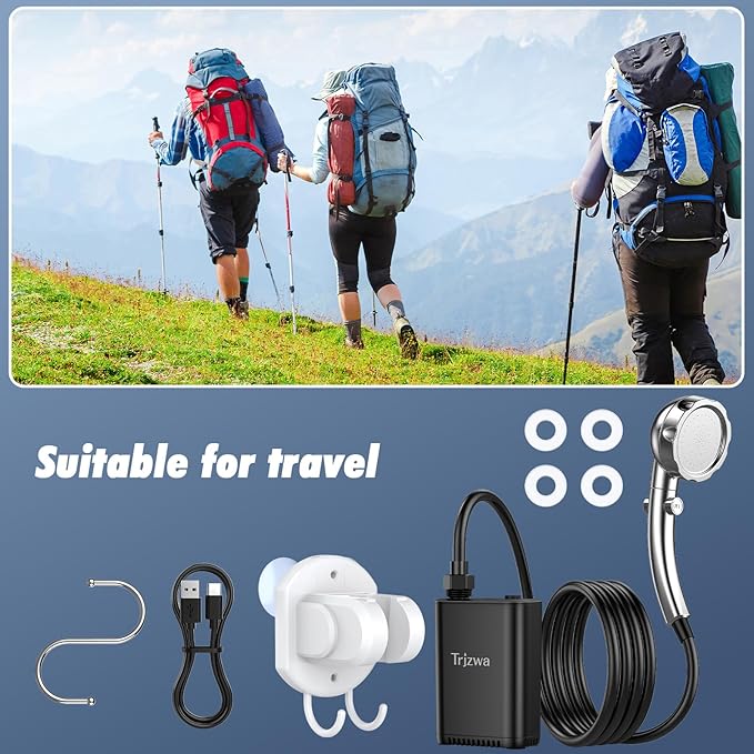 Portable Outdoor Shower, 2600mAh Battery Powered Camping Shower, Rechargeable Shower Pump with Adjustable Shower Head for Outdoor Shower Camp,Hiking Beach,Travel,Car Washing,Pet Bath,Garden