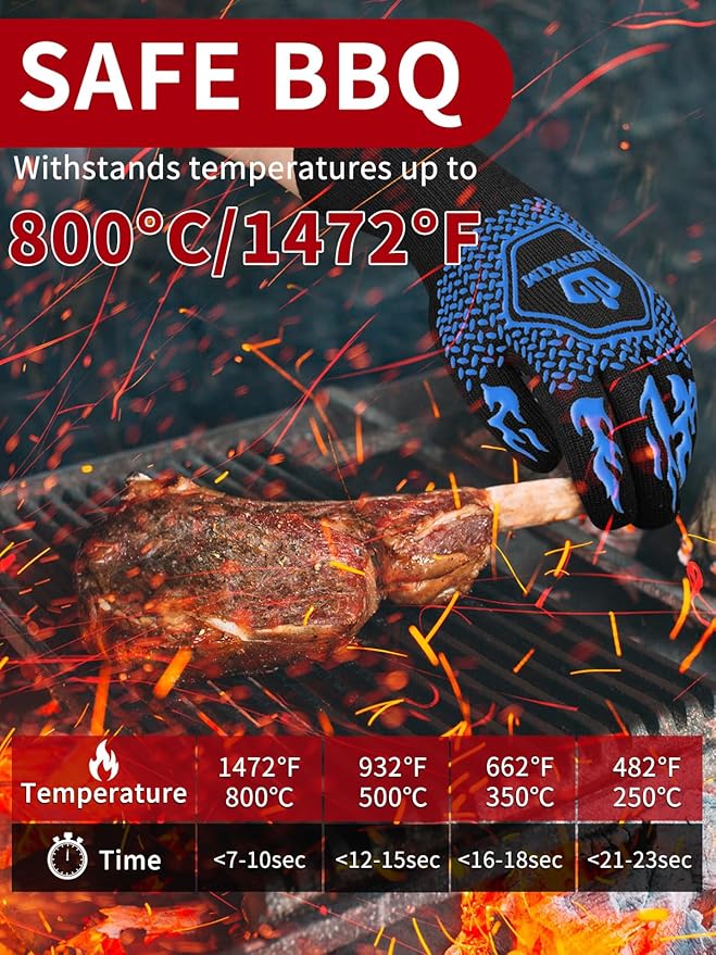 BBQ Oven Gloves, 1472℉ 3-Layers Heat Resistant Oven Mitts Silicone Non-Slip Cooking Gloves for Barbecue, Grilling, Baking, Welding, Smoker (A Pair) (Blue)
