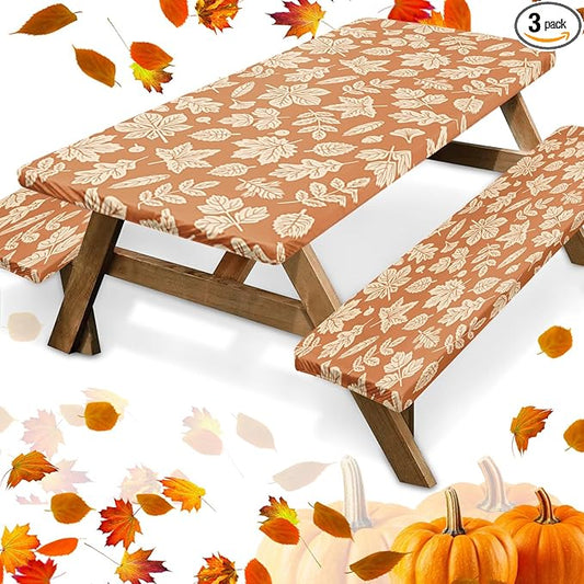 Picnic Table Cover with Bench Covers Elastic Edges, Fall Yellow Fitted Table Cover, Outdoor Patio Camping Essentials 72 Inch 3PCS, Waterproof Camping Fitted Tablecloth with Drawstring Bag