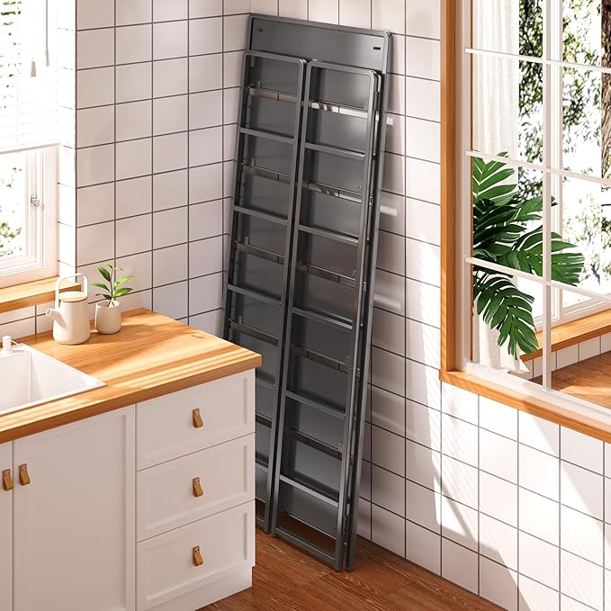 4NM No-Assembly 6 Tiers Folding Bookshelf Storage Shelves Vintage Bookcase Standing Racks Study Organizer Home Office (All Black)