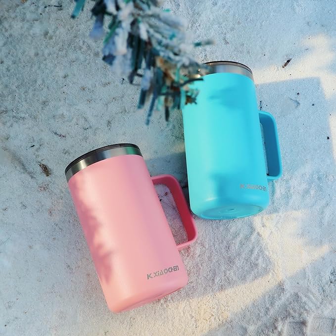 KXIAOCHEN 20oz Insulated Coffee Mug with Lid, Stainless Steel Coffee Cup, Double Wall Vacuum Coffee Tumbler with Handle, Premium Thermal Travel Coffee Mug (Blue Green Pink 2Pack)