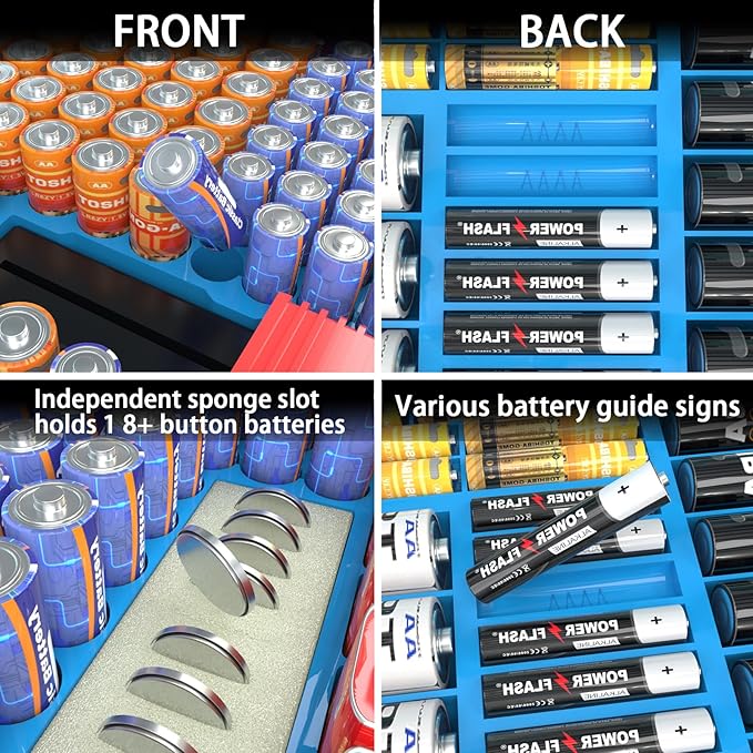 Large Capacity 269 Battery Organizer Storage Case with Tester, Double-Side Battery Holder Container for AA AAA AAAA C D 9V Lithium 3V CR123 CR1632 18650 Batteries(Box Only) (Blue)