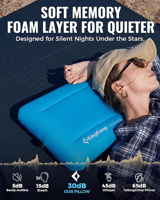 KingCamp Memory Foam Camping Pillow, Extra Large Inflatable Camp Pillow, Portable Ergonomic Air Pillow with Removable Washable Cover for Camping, Hiking, Car, Beach, Travel