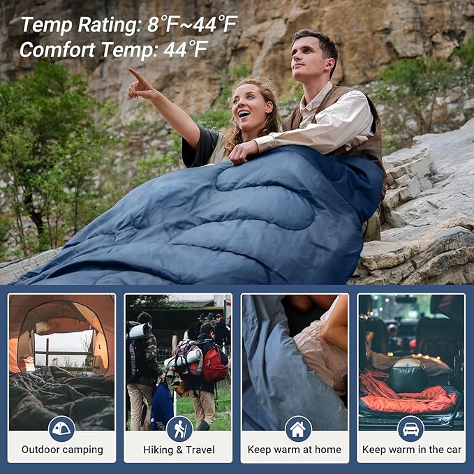 KingCamp Double Sleeping Bag for Adults, Queen Size 2 Person XXL Flannel Sleeping Bag, Waterproof Lightweight Flannel Quilt with 2 Pillows, Perfect for Couples Family Camping Hiking
