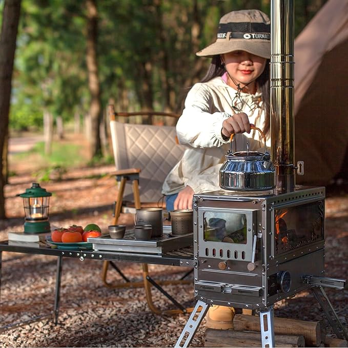 Stainless Steel Portable Wood Burning Stove with Oven & Camping Table, 6 Chimney Pipe for Outdoor Camping, Cooking, Tents, BBQ, Hiking, Fishing, Backpacking