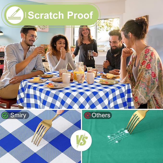 Smiry Round Plastic Table Cloth, Waterproof Vinyl Tablecloth with Flannel Backing, Wipeable Buffalo Plaid Table Cover for Dining, Indoor and Outdoor (Blue & White, 60" Round)