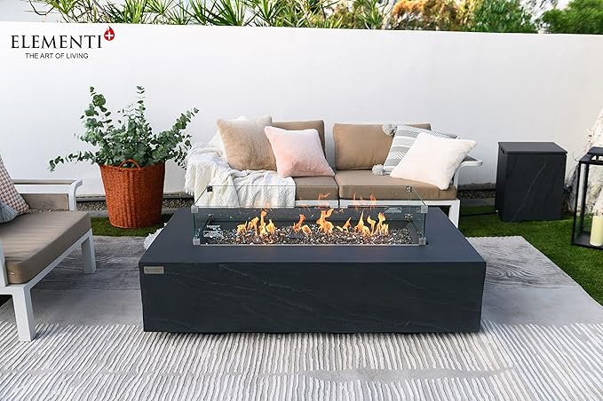 Elementi+ | Cape Town Gas Fire Pit Cast Concrete 56" Rectangular Fire Table, Outdoor Fire Pit Electronic Ignition | Canvas Cover, Fire Glass and Burner Lid Included | Dark Gray | Propane Gas