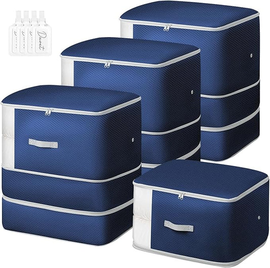 Comforter Storage Bag - 130L Blanket Storage Bags 3-Layer Ultra Space Saving Self Compression Organizer, Washable Compression Bags for Storage Comforter Blanket, 4-Pack, Navy Blue
