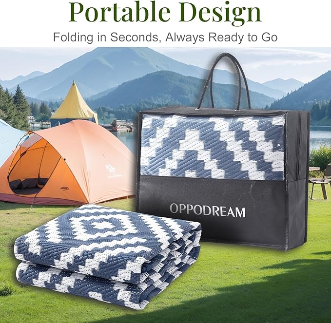 OPPODREAM Outdoor Rug 8x10 Patio Waterproof, Large Outdoor Plastic Straw Rug, Reversible Out Door Carpet for Camping, Deck, Rv, 8 x 10 Area Carpet for Balcony, Porch, Backyard, White and Navy Blue