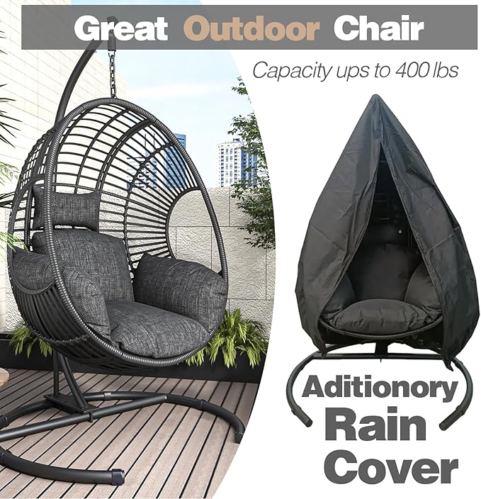Oversized Hanging Egg Chair Outdoor Wicker Swing Chair with Stand Rain Cover UV Resistant Cushion 400lbs Capacity for Patio, Garden and Balcony
