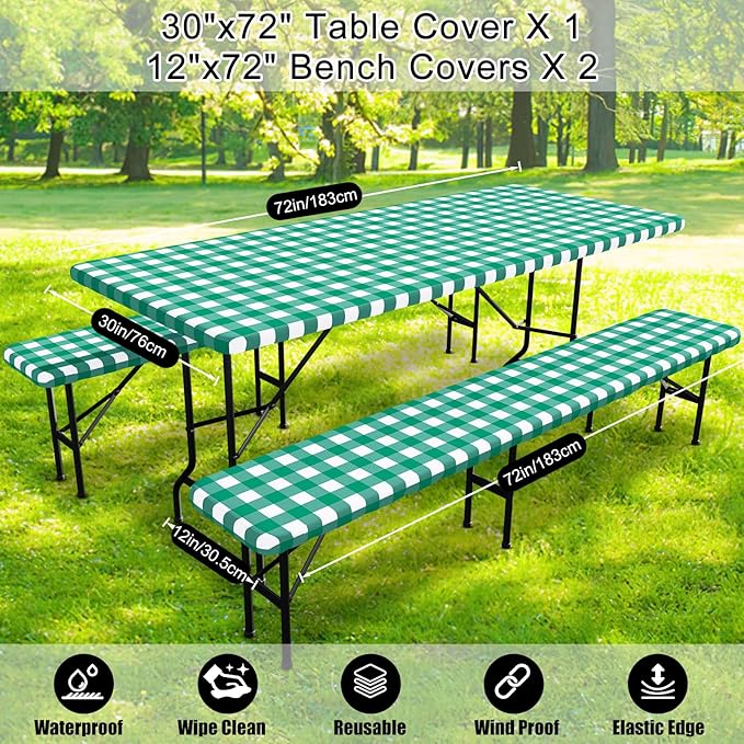 Smiry Picnic Table Cover with Bench Covers, Waterproof Elastic Fitted Tablecloths for 6 Foot Rectangle Tables, Washable Buffalo Plaid Tablecloth for Camping, Outdoor (Green & White, 30"x72")