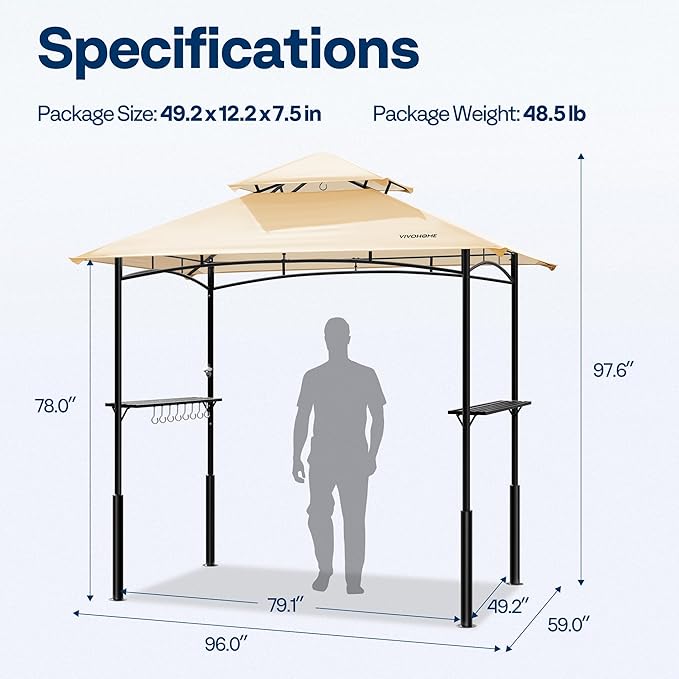 VIVOHOME Grill Gazebo Outdoor BBQ Patio Canopy Tent with Double Tiered Vented Top & 2 Side Shelves, Beige
