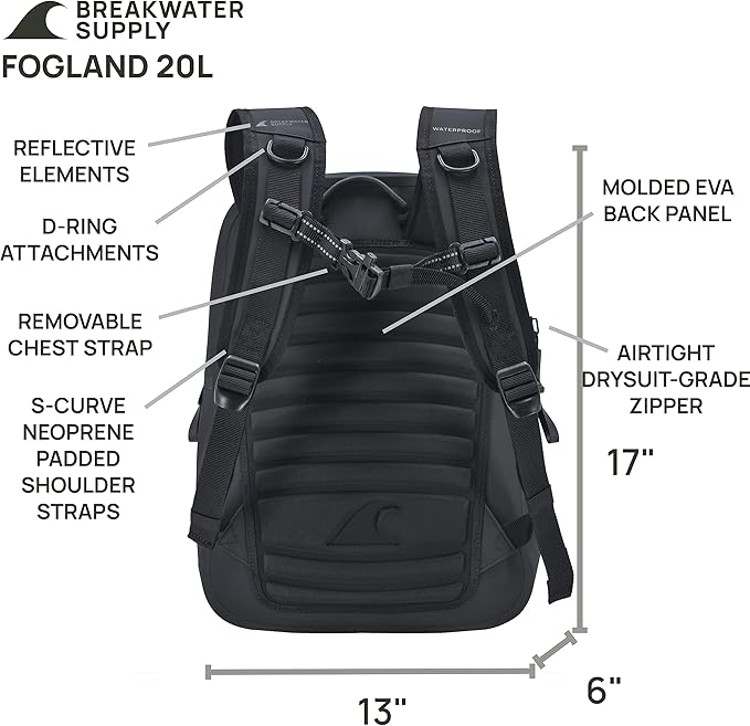 Breakwater Supply™ Waterproof IP68 Submersible Backpack with Airtight Zippers | Laptop Travel Outdoors | Fogland 25L 20L 15L
