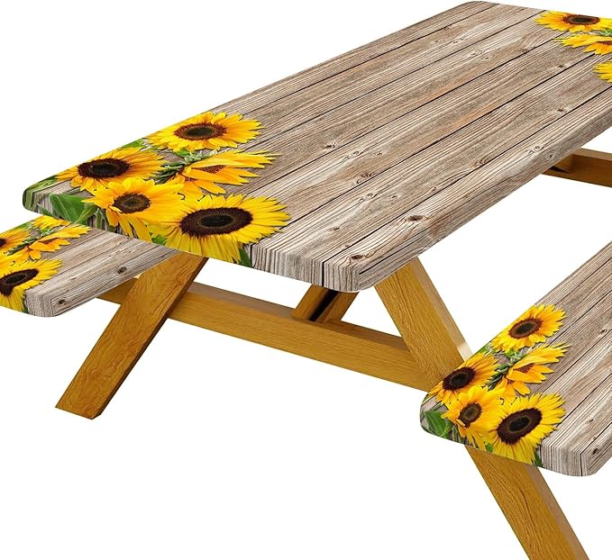 3 Pcs Sunflower Wooden Picnic Table Cover with Bench Covers,Rustic Sunflower Waterproof Fitted Picnic Table Cloths Retro Wood Texture Elastic Outdoor Picnic Tablecloth for Camping Patio Travel,Muti2