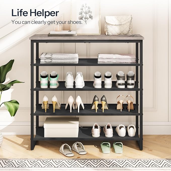 HOOBRO Shoe Rack, 5 Tier Shoe Storage Organizer with 4 Oxford Fabric Shelves and Top Panel, Holds 16-20 Pairs of Shoes, for Entryway and Closet, Industrial, Greige and Black BG50XJ01