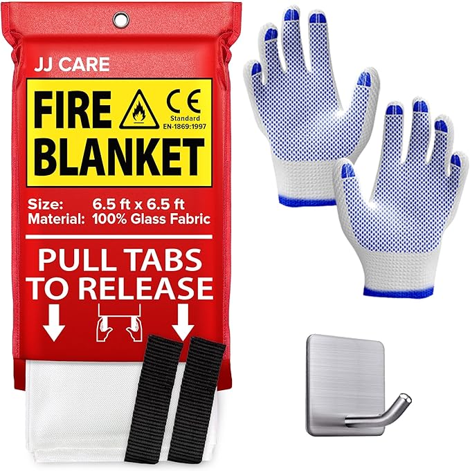JJ CARE Fire Blanket – (X-Large) 6.5x6.5ft w/Hooks & Gloves, Emergency Fire Blanket for Home & Kitchen, High Heat Resistant Fire Suppression Blankets for Home Safety, Kitchen, Camping