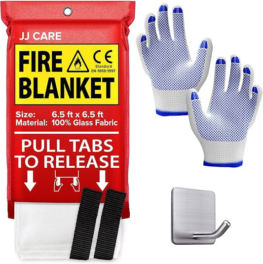 JJ CARE Fire Blanket – (X-Large) 6.5x6.5ft w/Hooks & Gloves, Emergency Fire Blanket for Home & Kitchen, High Heat Resistant Fire Suppression Blankets for Home Safety, Kitchen, Camping