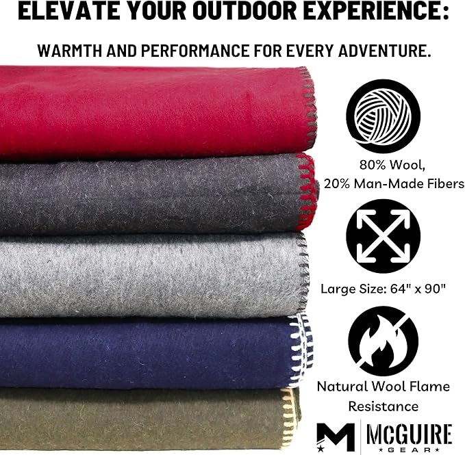 M MCGUIRE GEAR Wool Military Camping, Survival, and First Aid Blanket, 64" x 90" (Grey)
