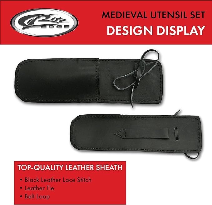 SZCO Supplies 7.25" Hand-Forged Medieval Cutlery Set – Carbon Steel Fork, Knife, Spoon with Leather Pouch, Renaissance Costume Utensils for Camping, Cosplay, and Historical Display