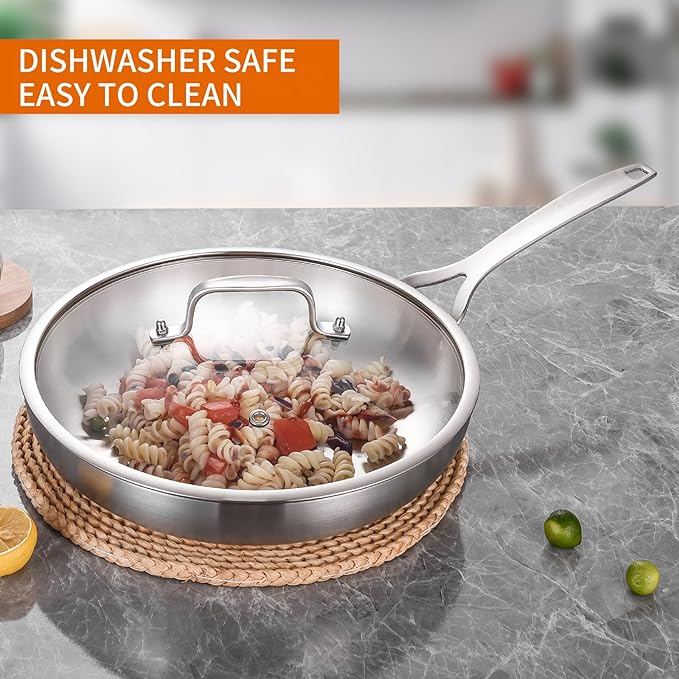 DELARLO Tri-ply Stainless Steel Frying Pan Set with Lid 8" 10" 12" large Skillets Induction Chef's Pan,Pots and Pans Set Kitchen Cookware Frying Pan Set Dishwasher and Oven Safe