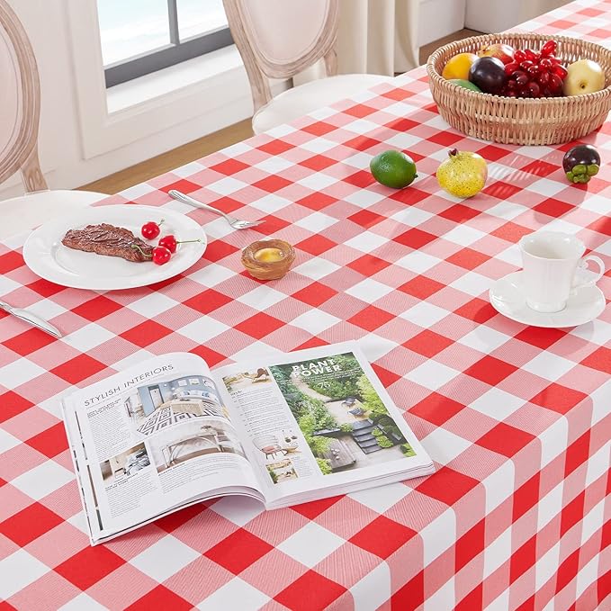 Softalker Gingham Checkered Rectangle Tablecloth - Waterproof Buffalo Plaid Table Cloth Stain Resistant Washable Table Cover for Picnic/Camping/Outdoor - Red and White, 60 x 84 Inch