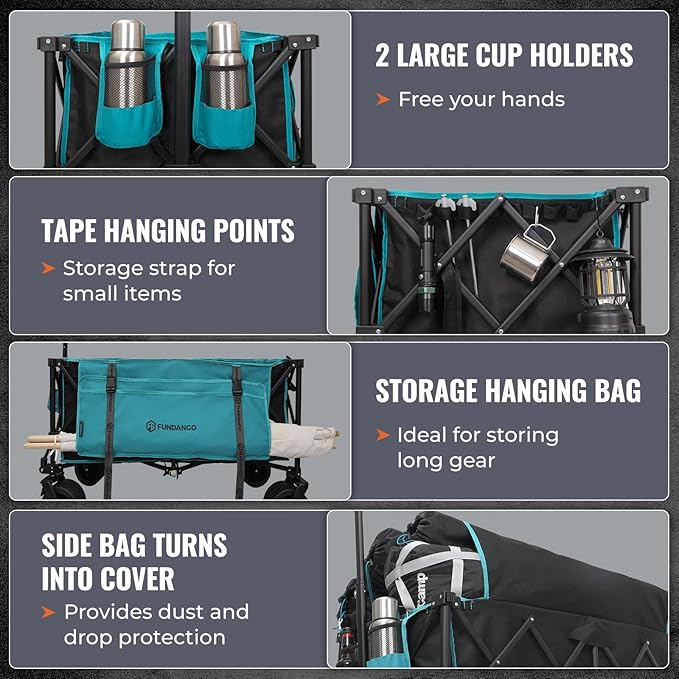 FUNDANGO 600lbs Heavy Duty Wagon, Foldable Beach Collapsible Wagons Garden Cart with Brakes, Side Pockets & All-Terrain Big Wheels for Sports Camping Shopping Groceries, Black/Blue