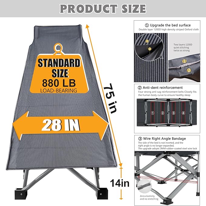 ABORON Folding Camping Cot W/Mat for Adults, Heavy Duty Outdoor Bed with Carry Bag,1200 D Layer Oxford Travel Camp Cots