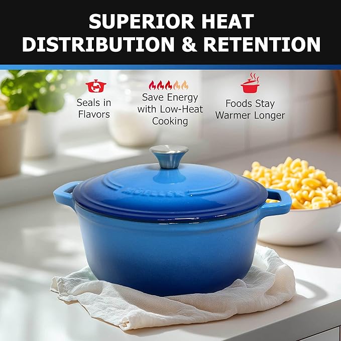 MÜELLERHOME 7.5 QT Enameled Cast Iron Dutch Oven, Heavy-Duty Casserole Dish and Braiser Pan with Lid and Stainless Knob, Oven-Safe up to 500° F & Across All Cooktops, Aqua Blue