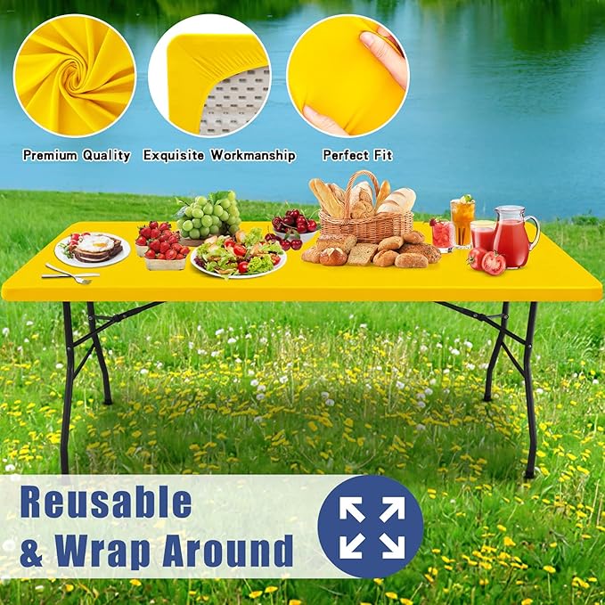Spandex Picnic Table Cloth 2 Pack, Elastic Fitted Tablecloths for 6 Foot Rectangle Tables, Stretch Washable Patio Table Cover for Outdoor, Camping, Banquet and Parties (Yellow, 30"x72")
