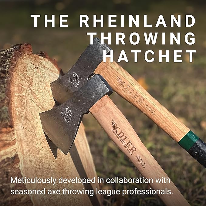 Rheinland Throwing Hatchet - World Axe Throwing League Compliant (1.95lbs, 15.75" Hickory Handle) - German-Made Throwing Axe with Sheath (Green Stripe)