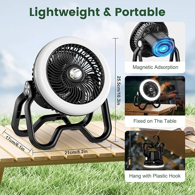 Portable Rechargeable Camping Fan with LED Lantern-40Hrs, Battery Operated Oscillating Fan with Remote, 3 Speeds for Tents, Outdoor, RV, Outage（Black）