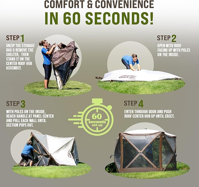 CLAM Pop Up Screen Tent, Outdoor Camping Gazebo Canopy, Pavilion, 12.5', Green - Heavy-Duty Portable Screened Shelter with Netting for Beach, Patio, and Backyard