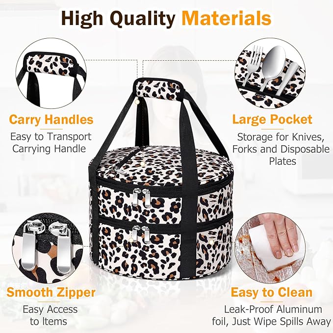 Round Double Insulated Casserole Carrier, Pie Carrier Bag, Portable Casserole Carrier for Hot or Cold Food Lunch Tote, Lunch Bag for Parties Picnic, Fits 12.5" Baking Dish, Leopard