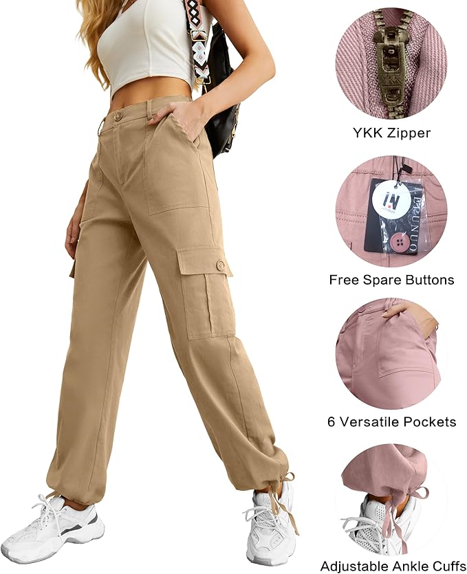 Lepunuo Women's High Waisted Cargo Pants Travel Y2K Streetwear Baggy Stretchy Pants with 6 Pockets Drawstring Ankle Cuffs