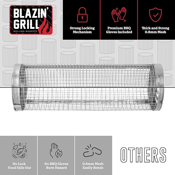BLAZIN' GRILL Rolling Grill Basket | Rolling Grilling Baskets for Outdoor Grilling 2 Pcs | Barbecue Grill Set with BBQ Gloves | Portable Camping Net Rack Perfect for Vegetables, Seafood & Meat