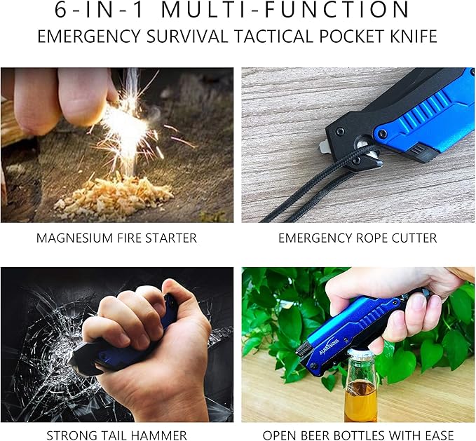 ALBATROSS 6-in-1 Survival Tactical Military Folding Pocket Knives with LED Light,Seatbelt Cutter,Glass Breaker,Magnesium Fire Starter,Bottle Opener;Multi-Function Emergency Tool(Blue)