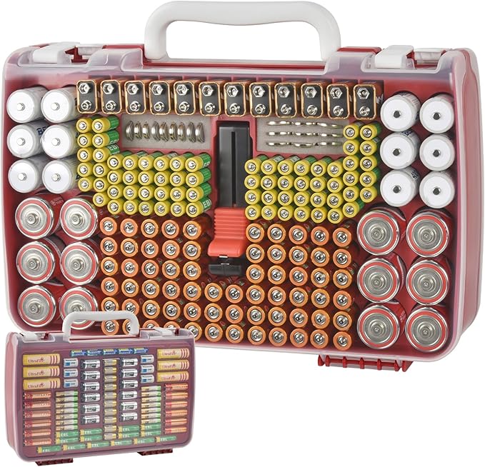 Battery Organizer Storage Holder Case with Double-Sided, Garage Box with Tester Checker. Batteries Container for 269pcs AA AAA AAAA 3A 4A 9V C D Lithium 4LR44 CR2 CR123A CR1632 CR2032 18650 -Red