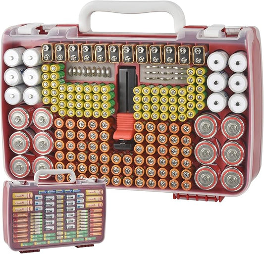 Battery Organizer Storage Holder Case with Double-Sided, Garage Box with Tester Checker. Batteries Container for 269pcs AA AAA AAAA 3A 4A 9V C D Lithium 4LR44 CR2 CR123A CR1632 CR2032 18650 -Red