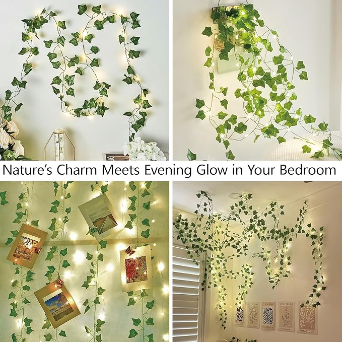 Ivy Vine with Fairy Lights, 23FT 73 LED Leaf Lights Indoor USB/Battery Operated, Fake Vine String Lights for Bedroom, Wall, Party, Garden, Birthday, Wedding, Room Decor, Warm White